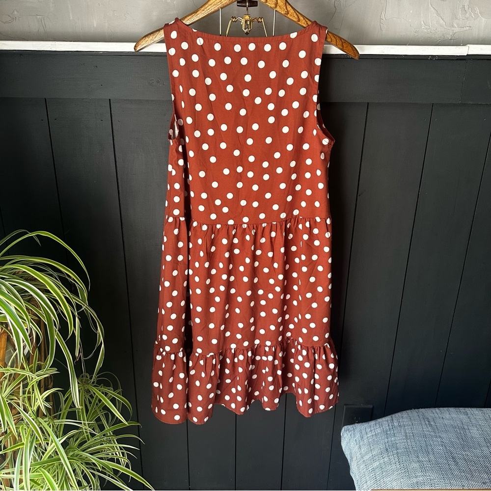 Brown White Polka Dot Sleeveless Ruffle Tier Flowy Lightweight Dress sz S‎ - Picture 2 of 11
